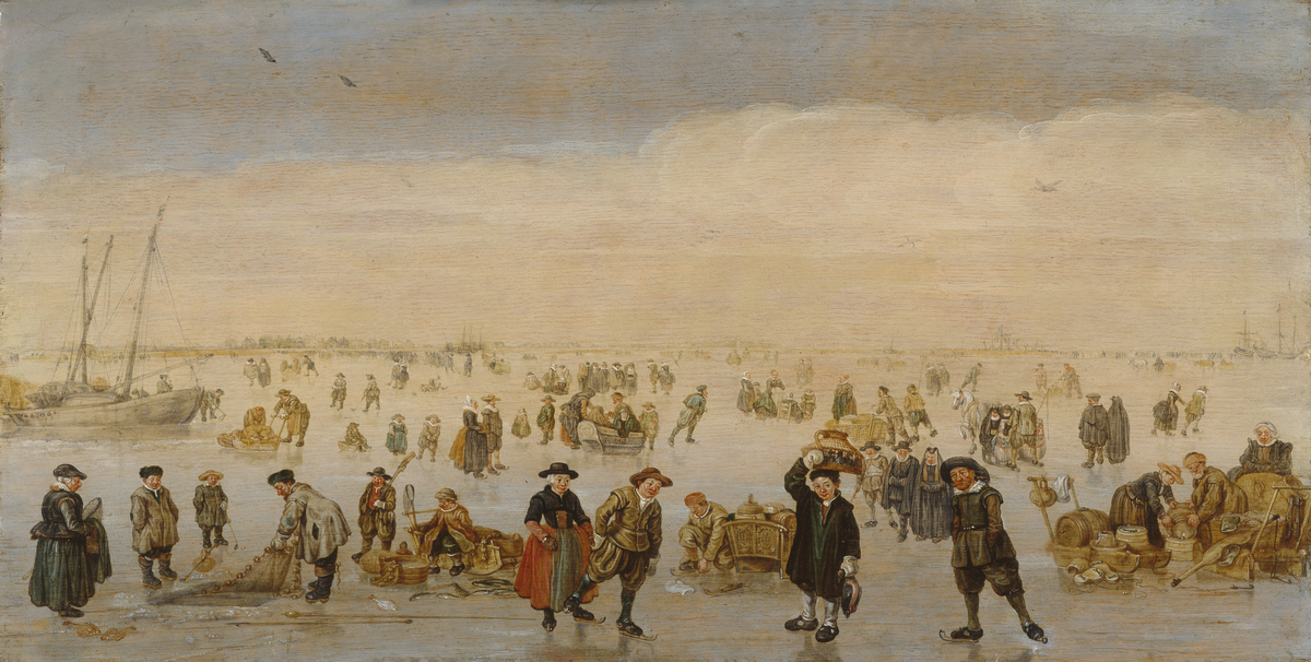 Winter scene with numerous figures on the ice