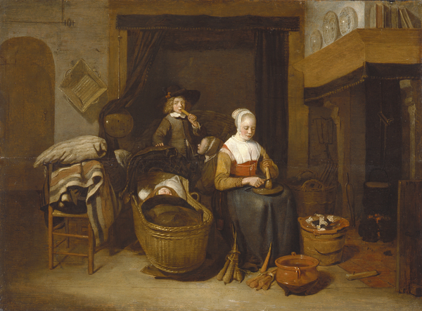 A family seated round a kitchen fire