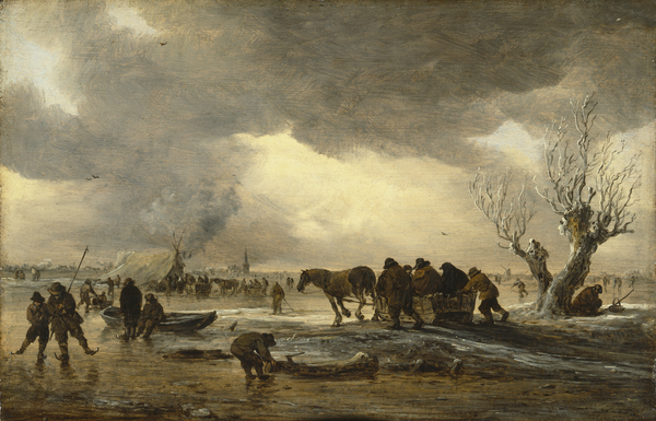 Winter scene with a sledge in the foreground and figures gathering round a tent on the ice
