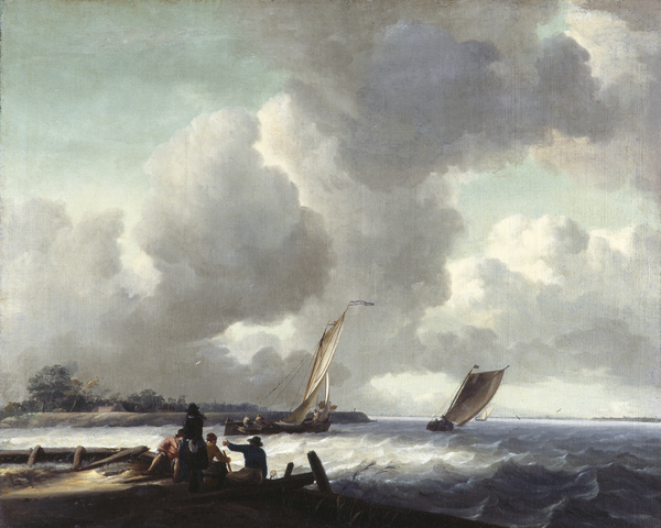 Coast Scene: figures on a quay in the foreground and sailing boats on a windswept sea (Alternative Title: Coast Scene with Boats and Figures)
