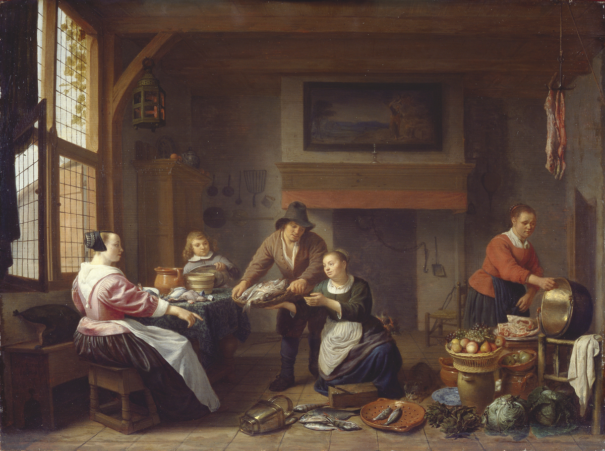 Kitchen interior with a man bringing fish for sale