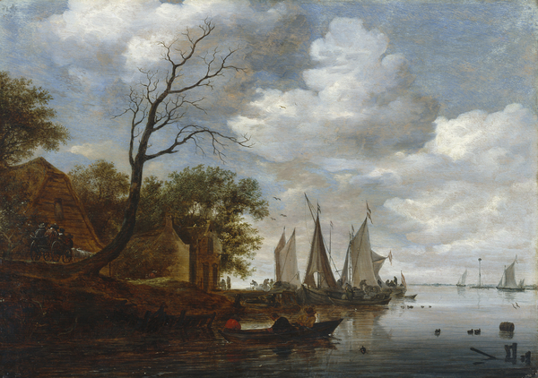River scene with sailing boats unloading at the shore