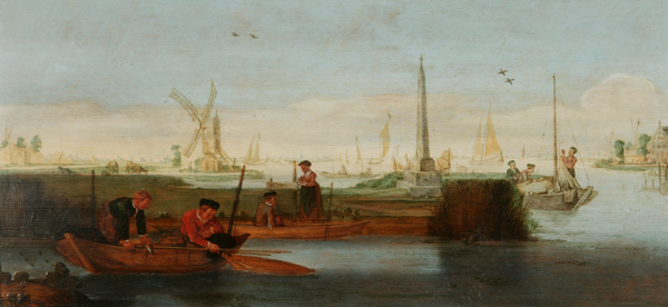 River scene with fishermen in a rowing boat in the  foreground