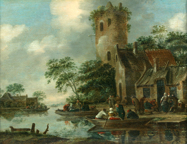 River scene with a ruined tower on the bank and  figures in rowing boats