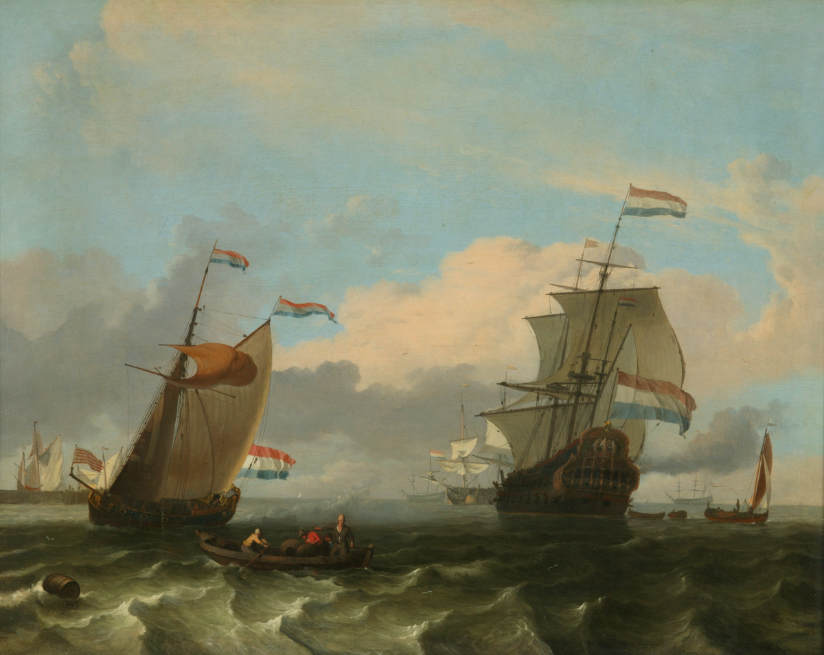 Seascape with men of war and smaller vessels;  jetty, left