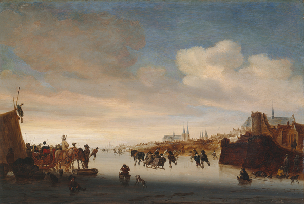 Winter scene with sledges and skaters on a river: a town at the right