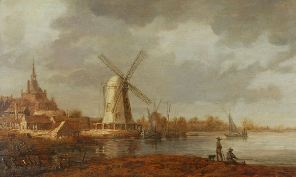 River scene with a view of Dordrecht and a  windmill: anglers, right