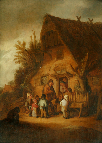An itinerant musician playing the hurdy-gurdy to a  group of children outside an inn door
