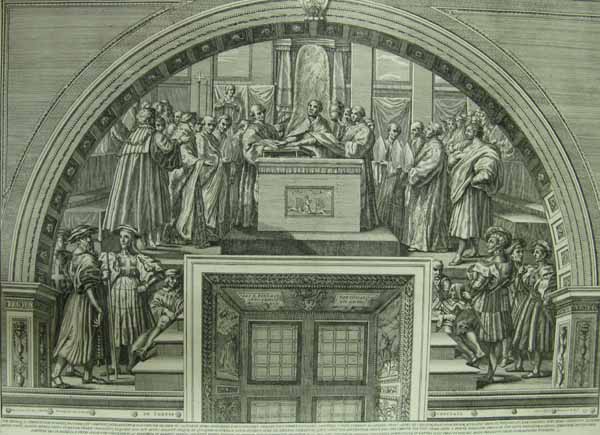 [Arched scene above doorway; Celebrating Mass]