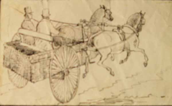 Ink Drawing of Two Men Sat in a Basket Cart Being Pulled by Two Horses