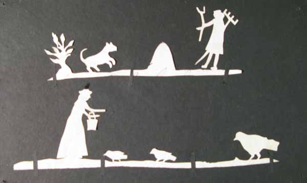 White Cut Out Paper Silhouette of a Man Carrying a Hoe and a Woman Feeding Birds