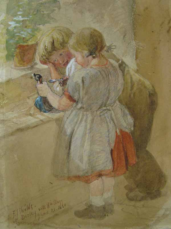Two Children Spoon-Feeding a Doll