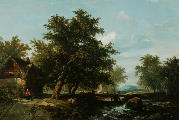 Landscape : Cottage, Trees, a Stream and Distant  Hills