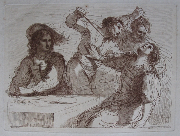 Two men attacking another seated at table, a fourth man looks on
